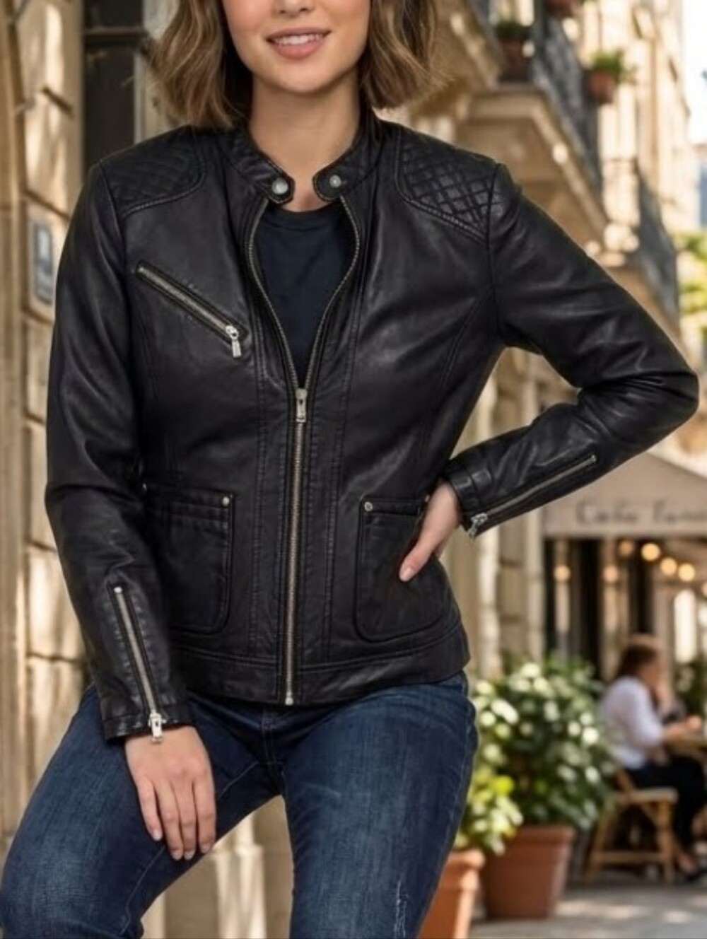 Bernardo Black Quilted Shoulder Moto Jacket